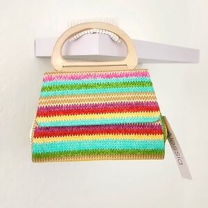 Alessia Women's New, Multicolor Striped, Wood Top Handle, Crossbody Handbag.